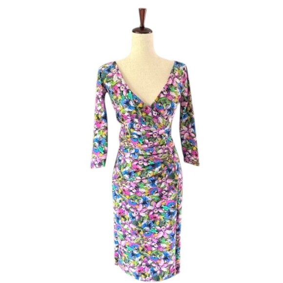 Chiara Boni La Petite Robe Italy Cocktail Dress 3/4-Sleeve Ruched Floral 40/4 Sm - Picture 1 of 16